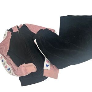 TRY girls 2 piece terry zip up sweatshirt and skirt black pink hearts summer fun